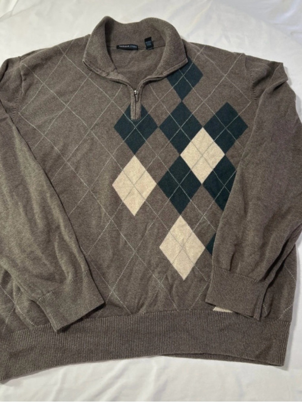 Men's vintage grey Argyle Half-Zip Sweater with Cream & teal Diamonds